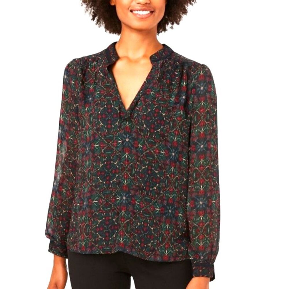 Loft Green Red Floral Chiffon Sheer Velvet Trim V-Neck LS Blouse Size XXL